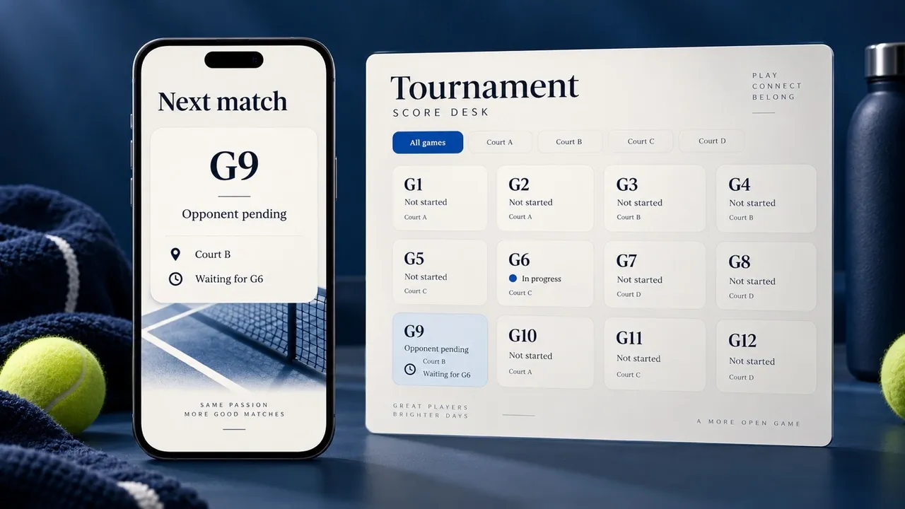 Conceptual G9 next-match card with opponent pending, Court B, and a waiting status.