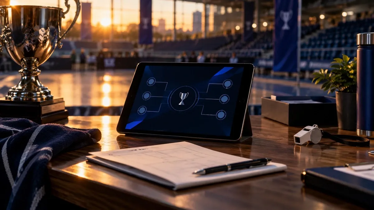 A refined tournament operations desk in an indoor sports venue at golden hour