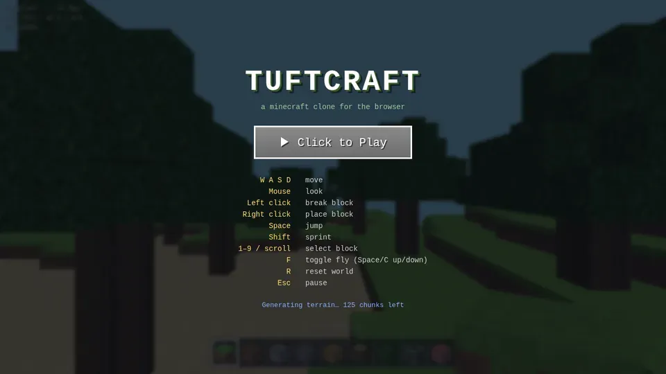 Build a browser-based Minecraft-style 3D voxel world with block terrain, first-person exploration, and interactive building controls.