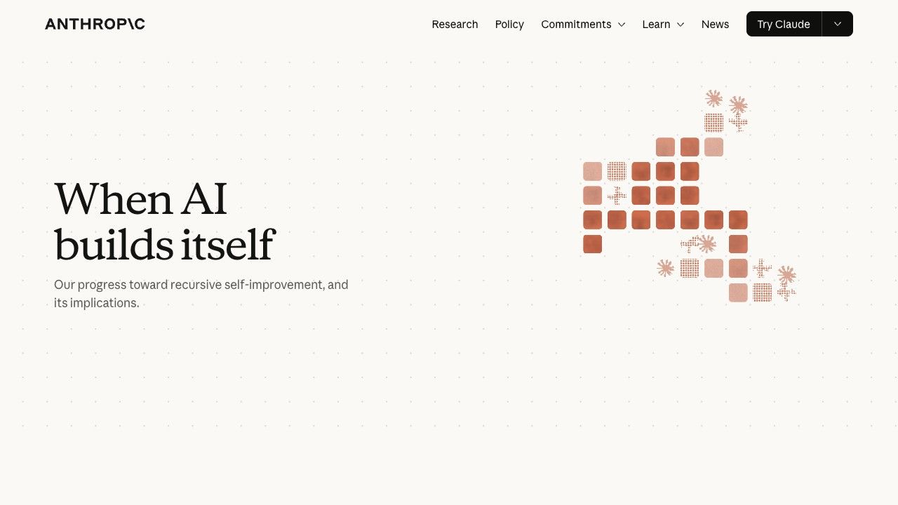 Anthropic page titled When AI builds itself with an orange recursive graphic