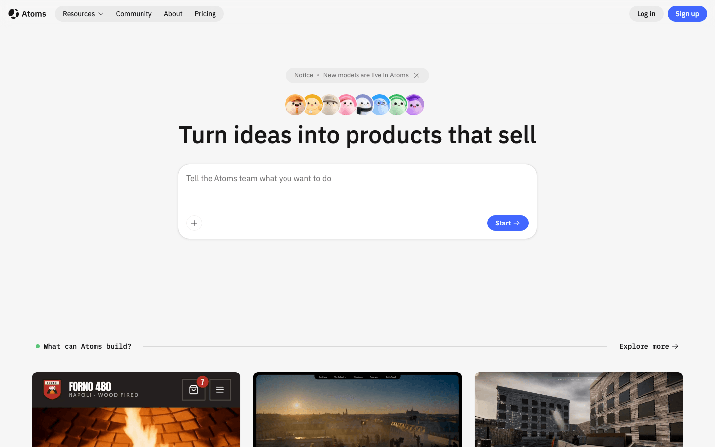 Atoms AI website builder interface