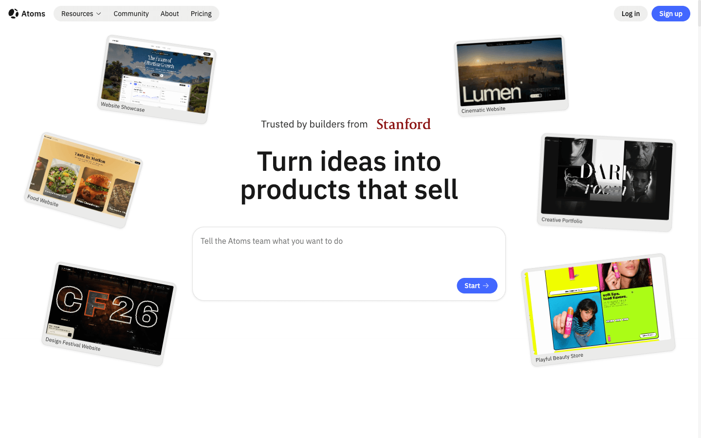 Atoms AI product builder interface