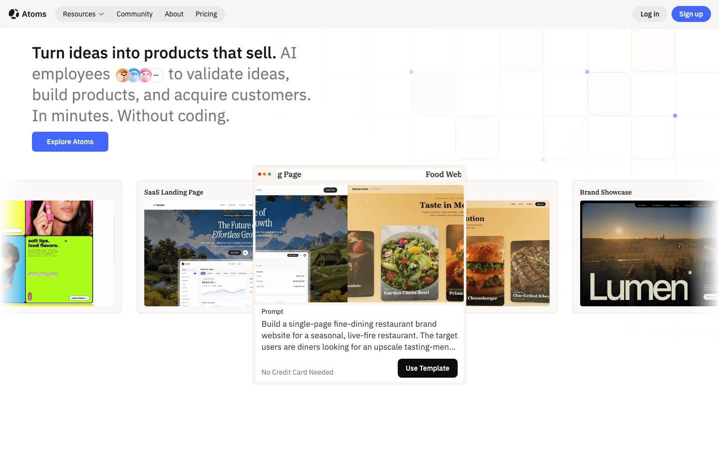 Atoms AI website builder interface