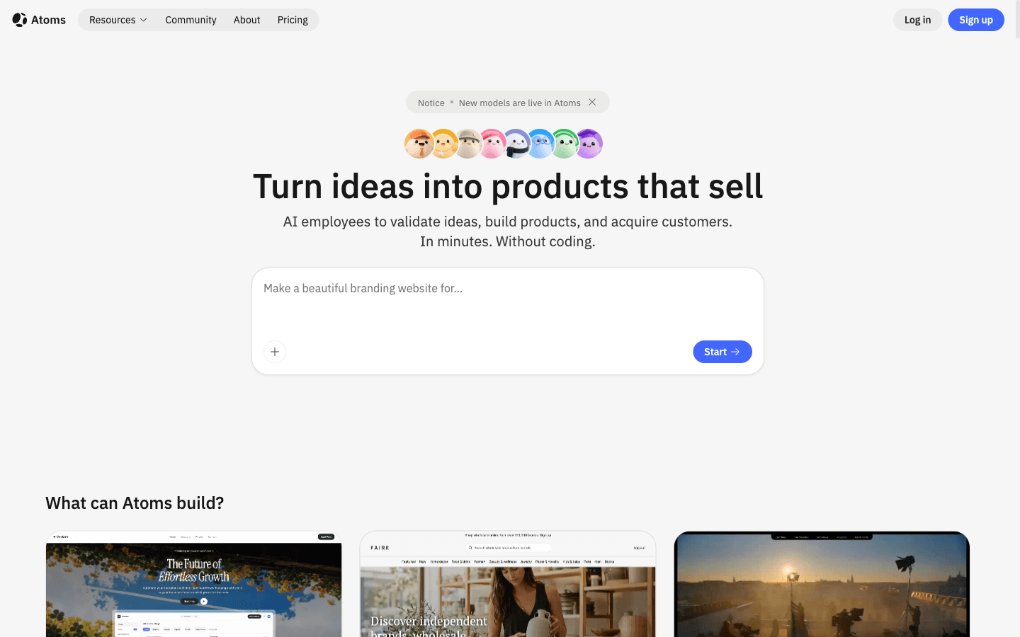 Atoms AI website builder interface