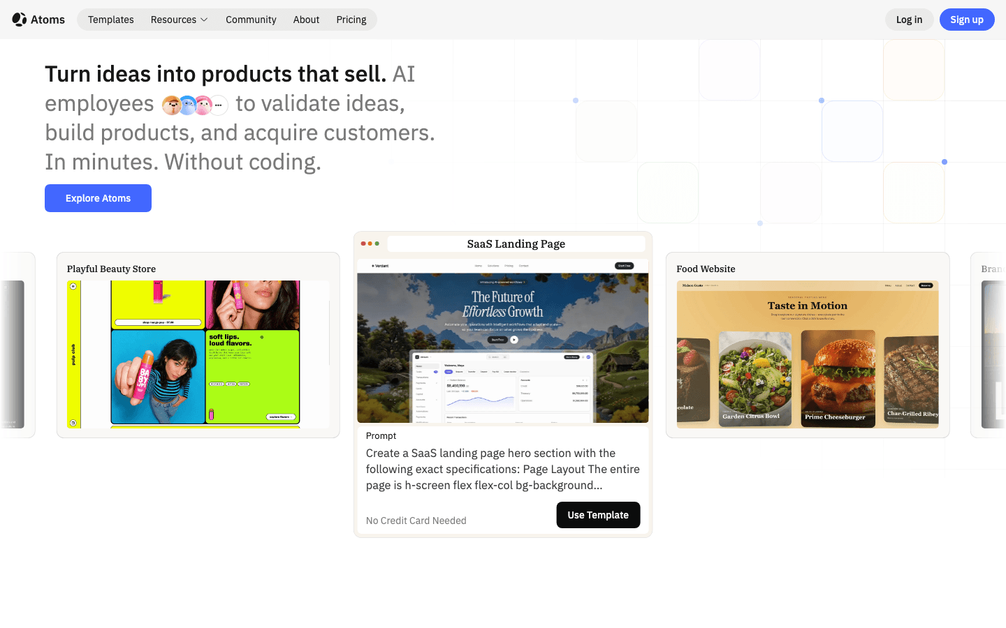 Atoms AI research agent homepage screenshot