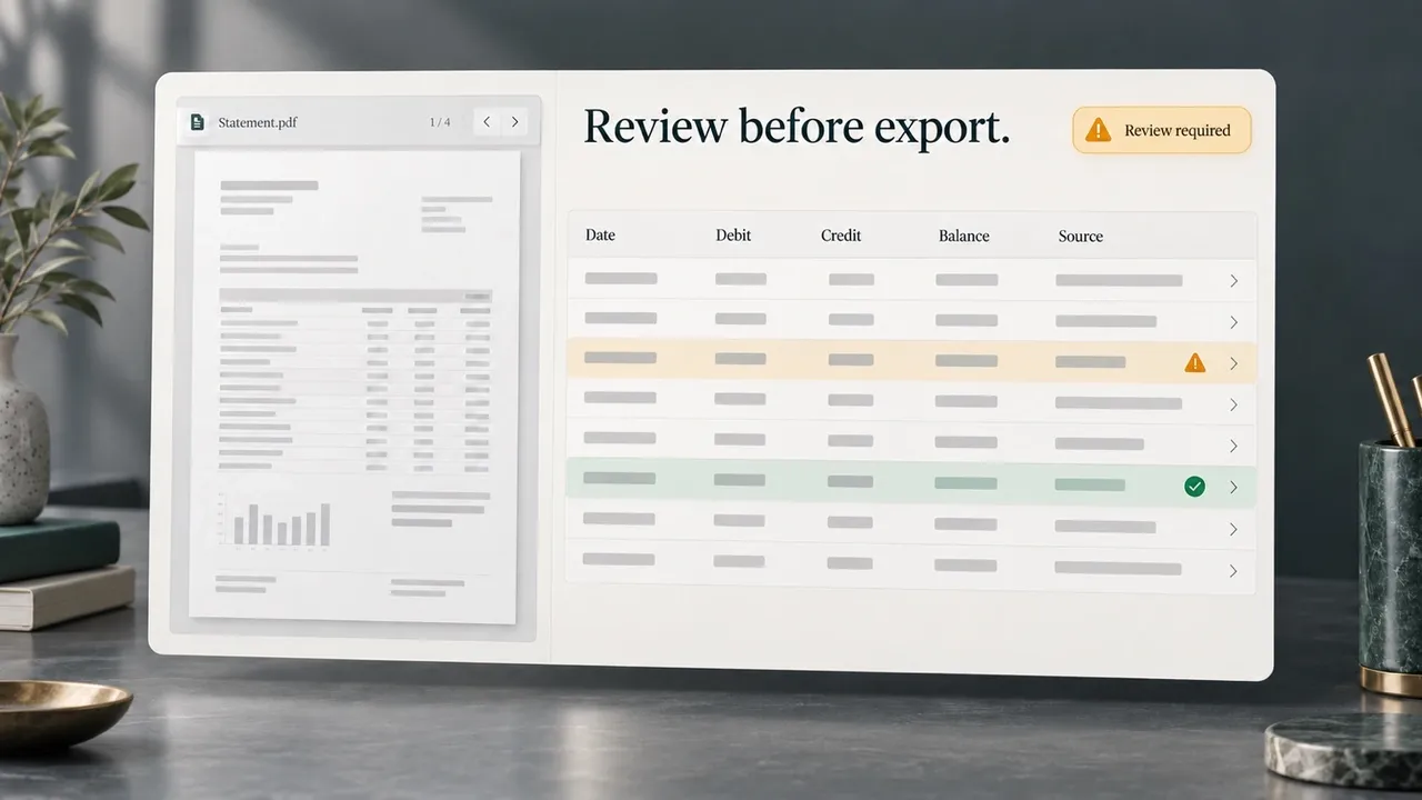 Conceptual split-pane bank-statement review workspace with a source-linked transaction table.