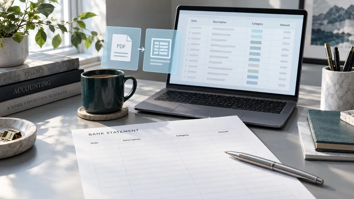 An accounting desk with an anonymized transaction table and bank-statement review materials.