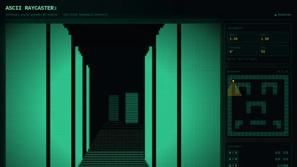 Build an interactive browser-based 3D game engine with a terminal-inspired interface for exploring and controlling a real-time scene.