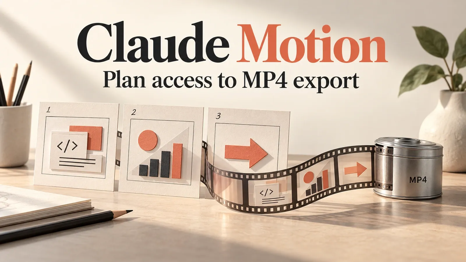 Claude Motion title above storyboard cards, a filmstrip and an MP4 canister.