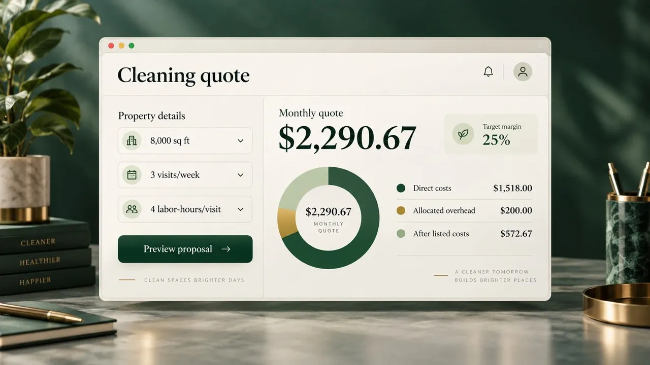 Illustrative cleaning quote interface showing a $2,290.67 monthly quote, $1,518 direct costs, $200 overhead, and $572.67 after listed costs.