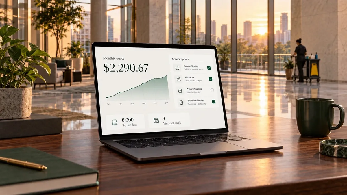 Commercial cleaning quote concept on a laptop in a sunlit office, with a monthly quote of $2,290.67.