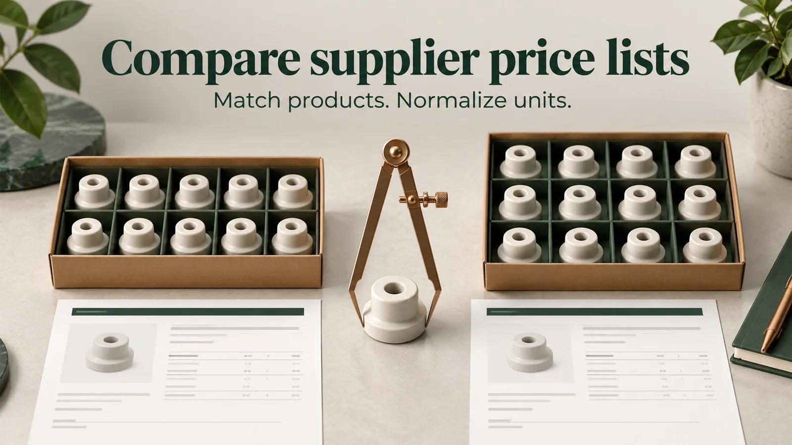 Different pack sizes of small products beside a balance scale and two supplier price sheets.