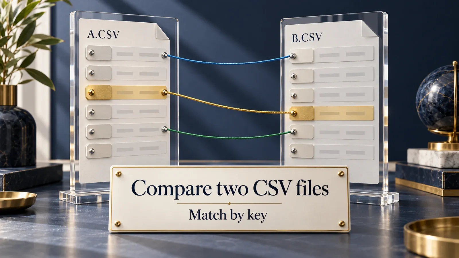 Two transparent CSV panels connected by matching-key lines, labeled Compare two CSV files.