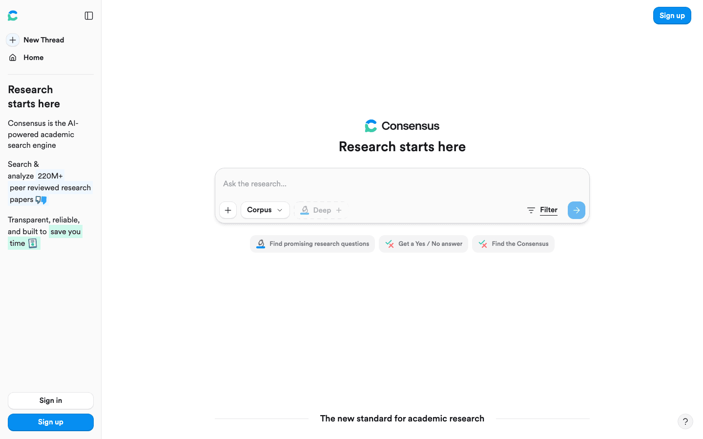 Consensus AI research search homepage screenshot