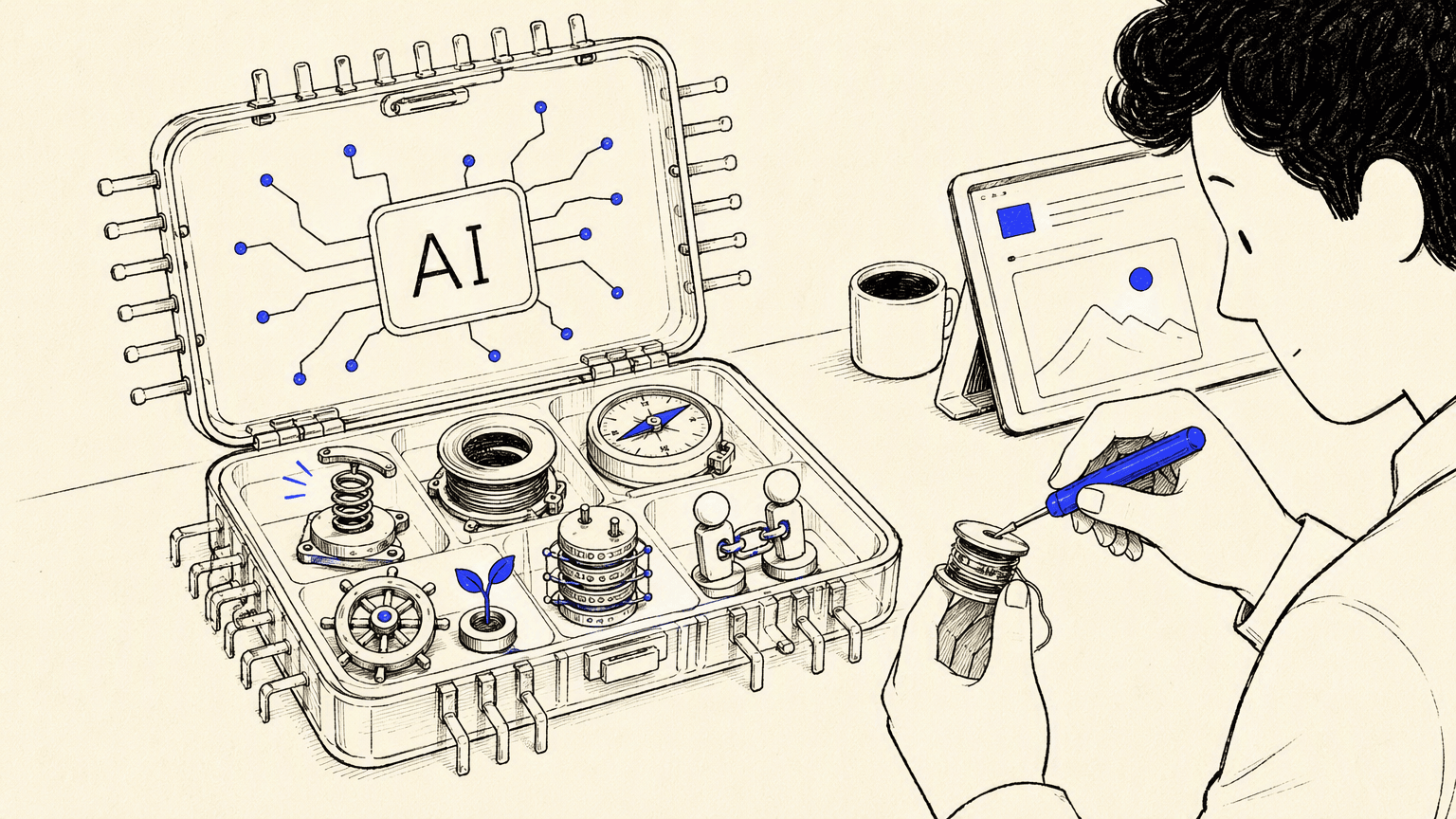 A technician chooses one of seven different AI agent mechanisms from a chip-shaped toolbox.
