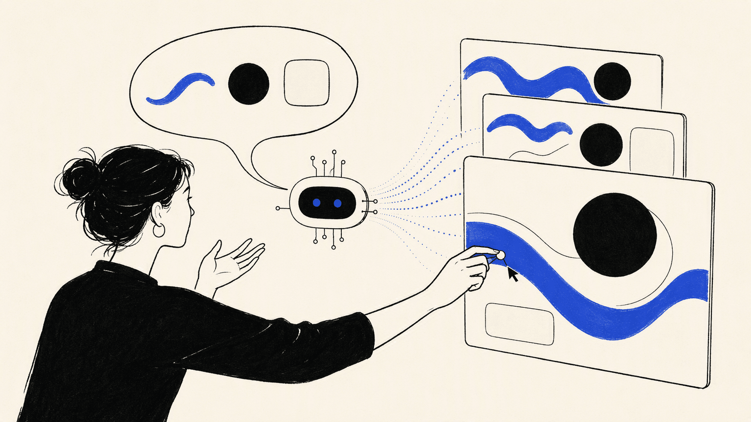 A designer prompts an AI assistant and refines generated visual alternatives.
