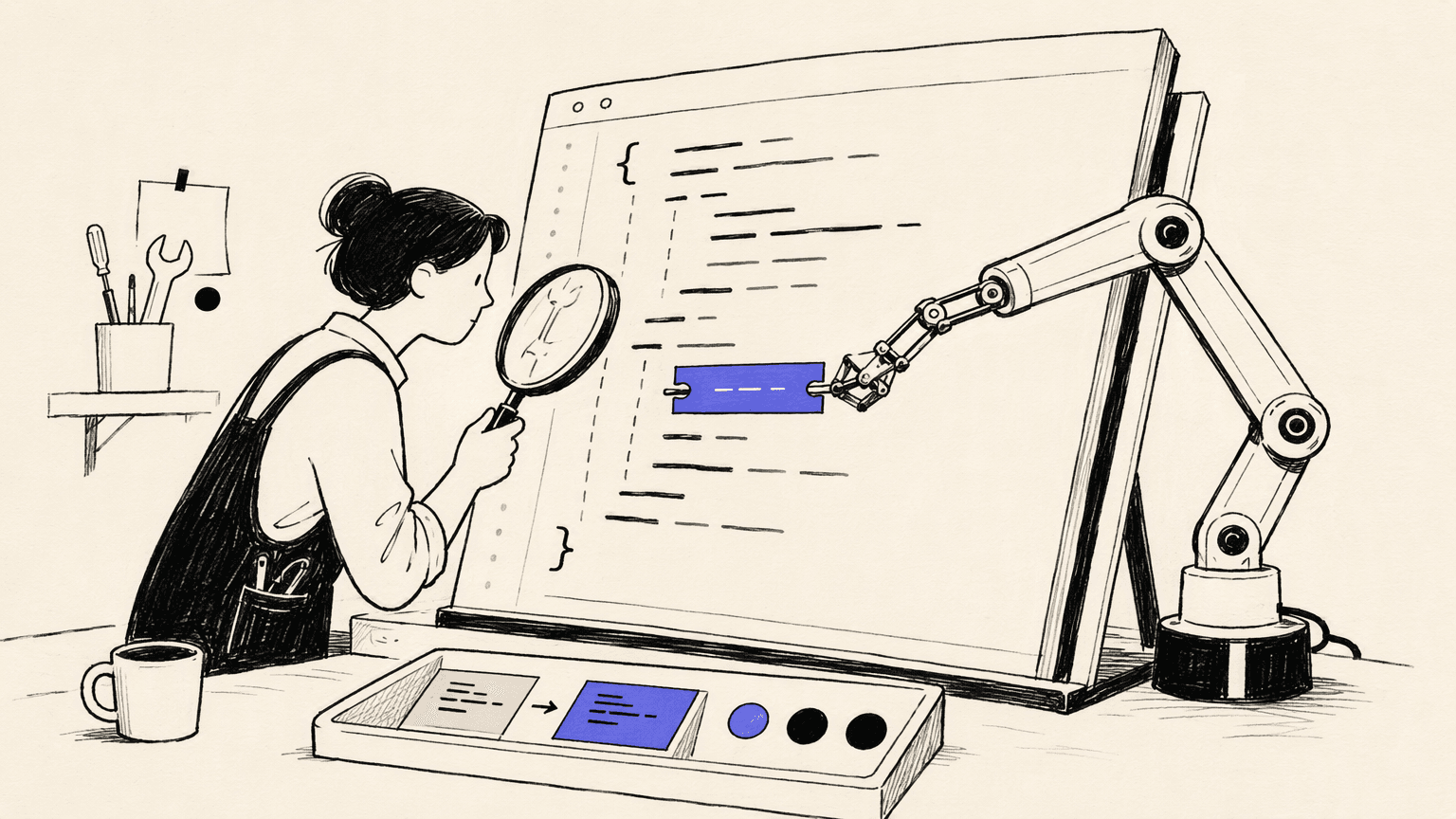 A developer reviews an agent-made code change using a magnifying lens beside a code editor.