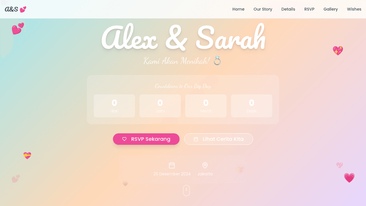 Create a modern, visually engaging wedding website tailored for Gen Z couples, featuring RSVP management, event details, photo galleries, and social media integration. Use a trendy, mobile-friendly design with interactive elements and customization options.
