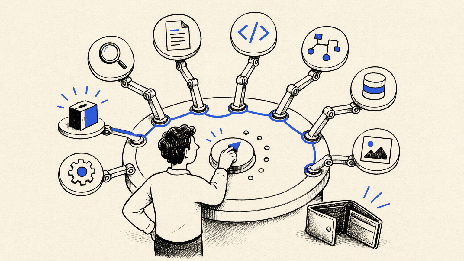 Creator choosing among eight AI helper tools at a circular station