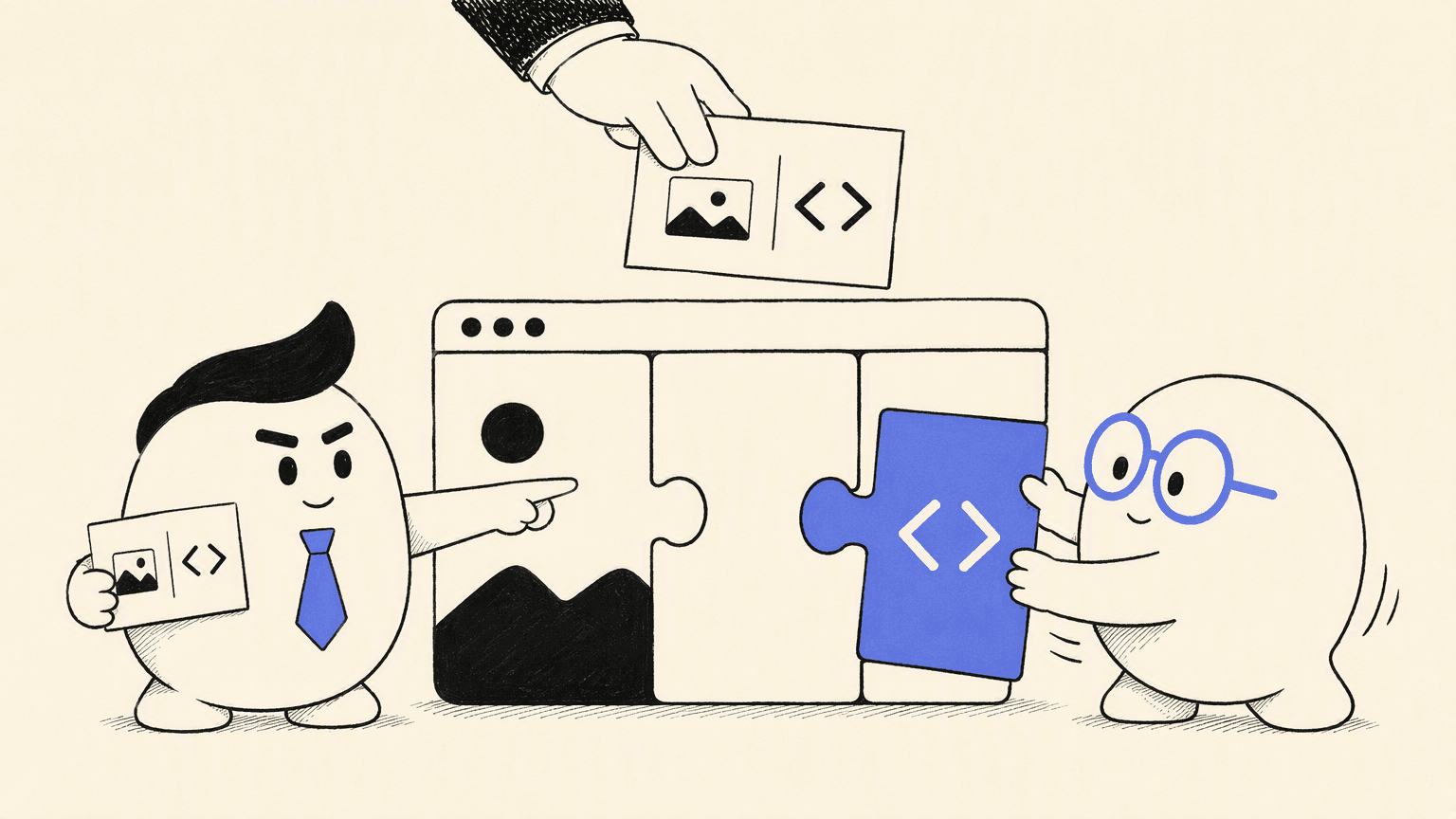 A rounded AI team leader with a swept tuft and tie guides a blue-glasses coding assistant as they fit a code-marked component into one shared web product beneath a human-held brief.