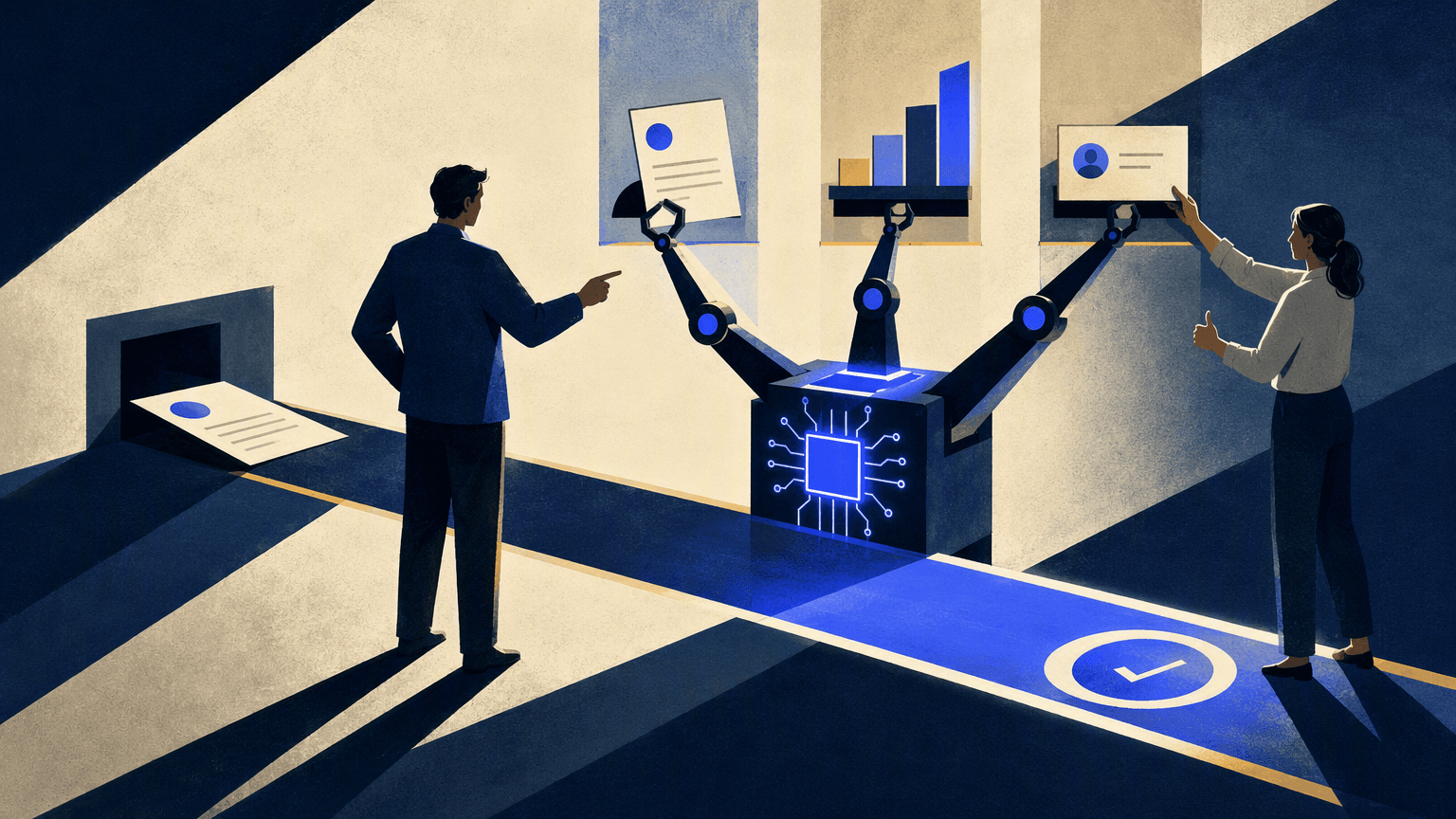 A business operator directs an AI assistant that sorts work, updates a chart, and returns a customer task for human approval.