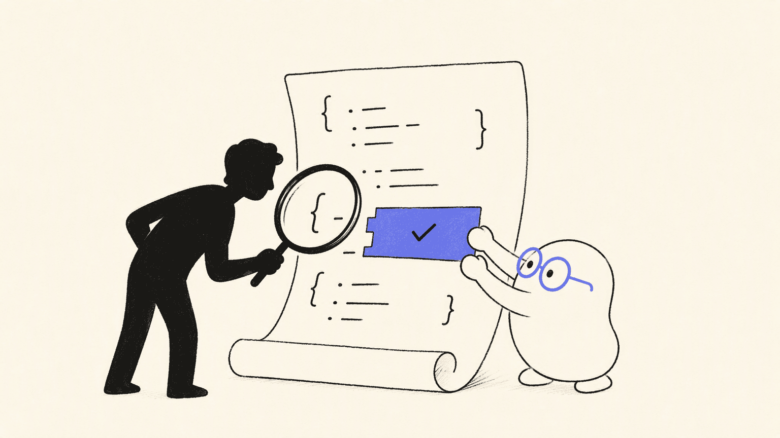 A rounded AI coding assistant with blue glasses fits a blue patch into a large code sheet while a human developer inspects the change with a magnifying glass.