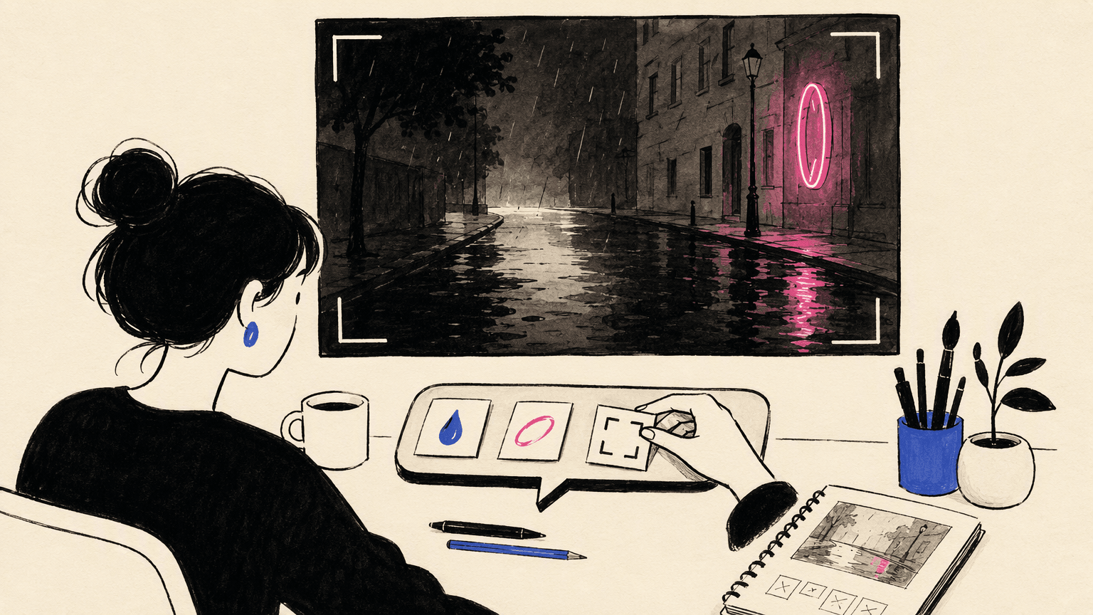 Rain, neon-light and framing instructions guide an illustrated rainy-street image.