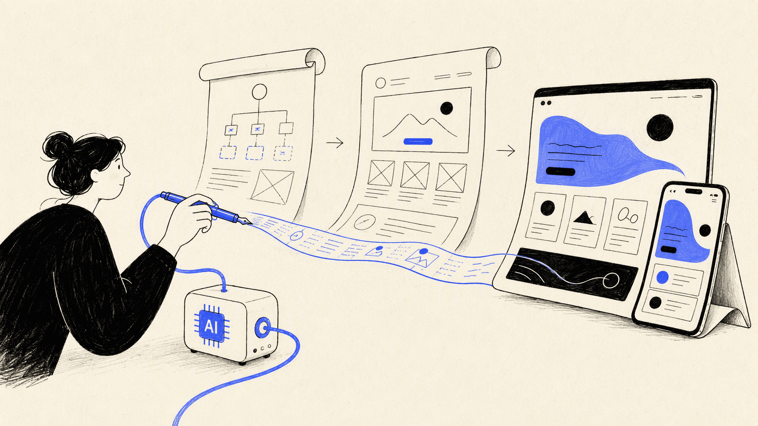 A designer and an AI-marked assistant draw a prompt ribbon through rough, refined, and responsive website forms.