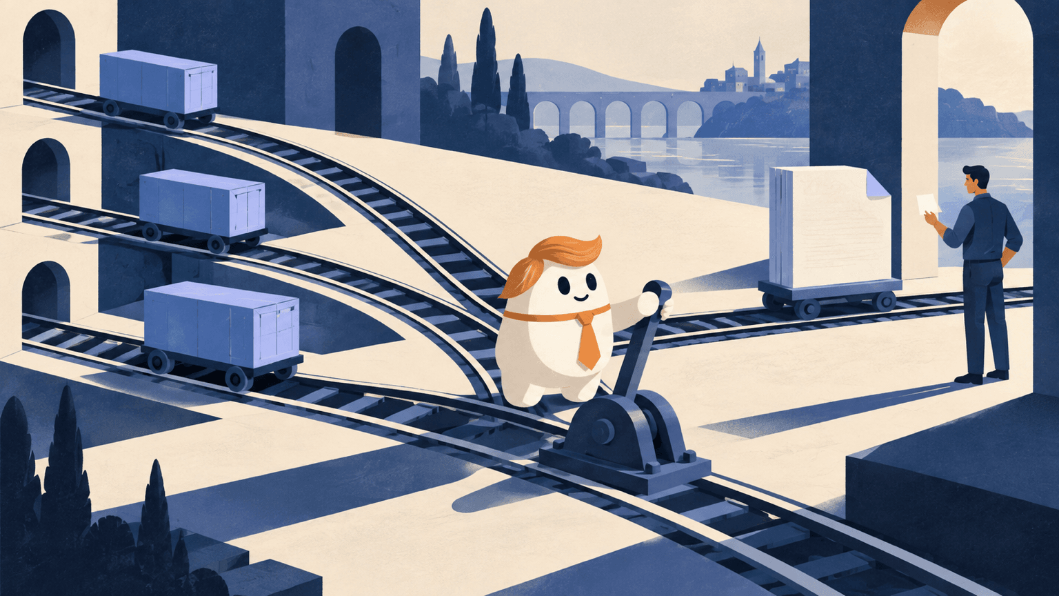 An AI coordinator routes task carriages toward a human review checkpoint.