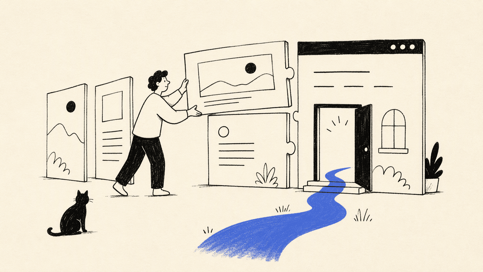 A hand-drawn editorial scene of website panels assembled into a finished doorway