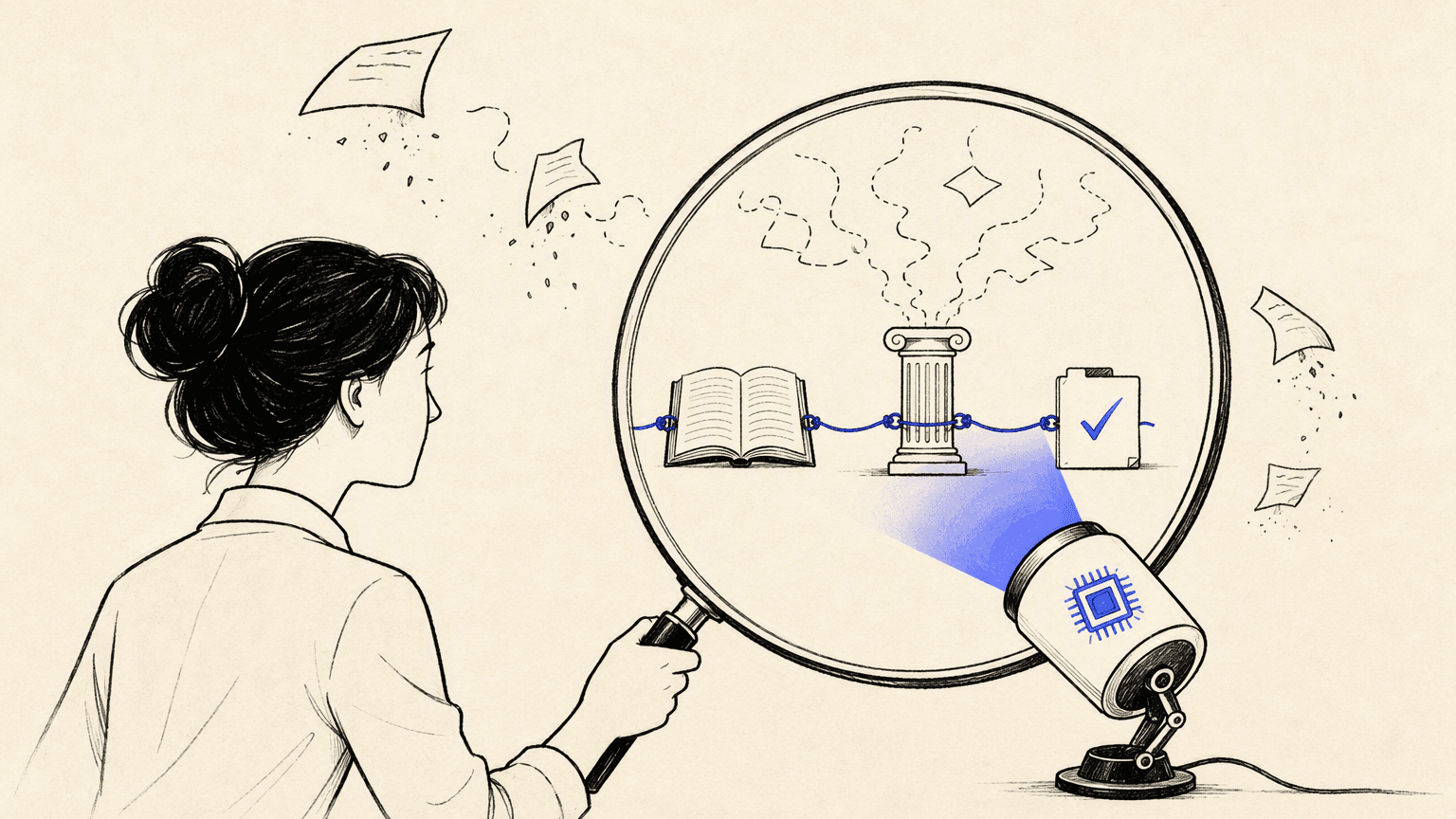 A legal researcher uses an AI-lit magnifying glass to trace an answer through a verified chain of legal sources.