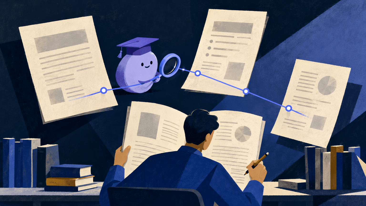 Scholar and AI research assistant examining linked academic papers