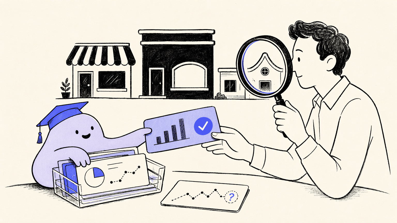 AI research assistant sorting evidence beside a market analyst