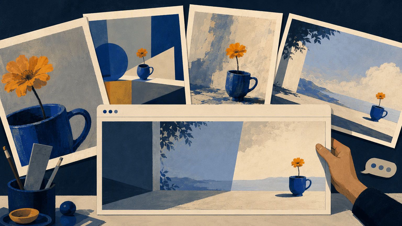 A creator compares generated ceramic-cup images and selects a composition for a webpage.