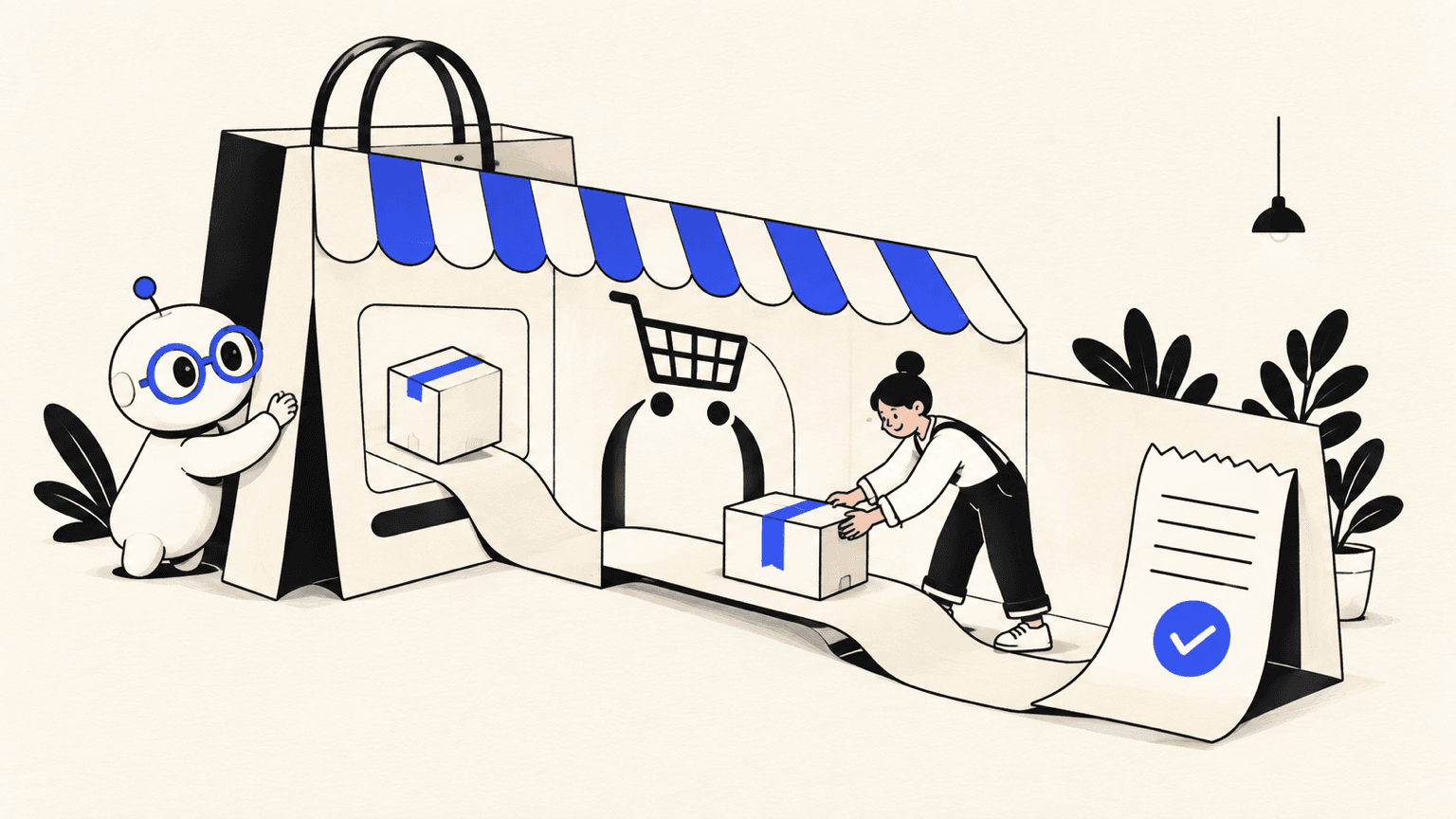 An AI builder and merchant assemble a storefront and test its order path.