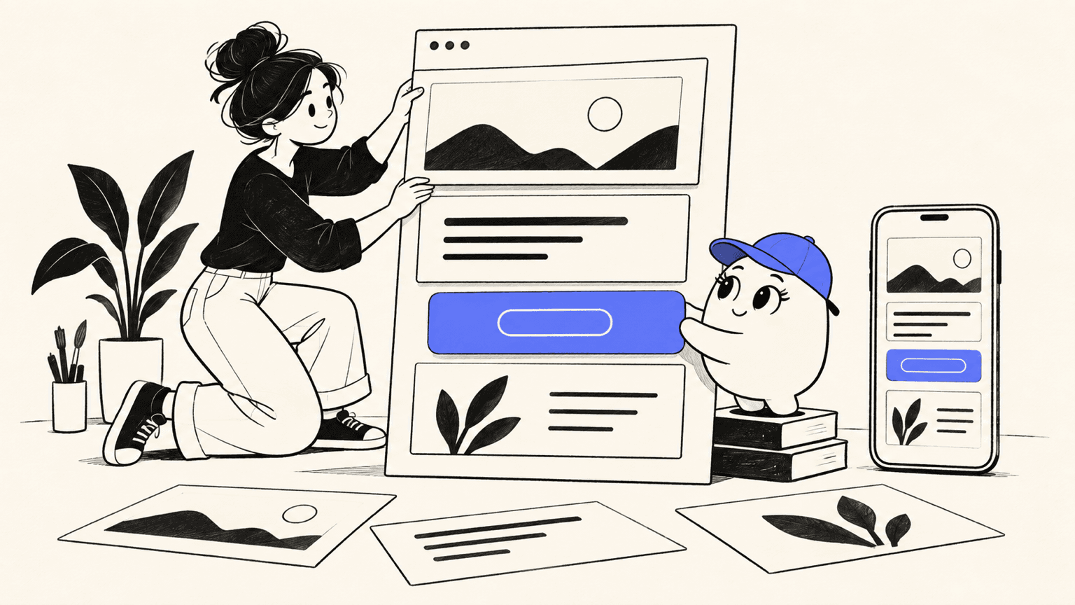 An AI planner and designer arrange a clear website layout beside its mobile version.