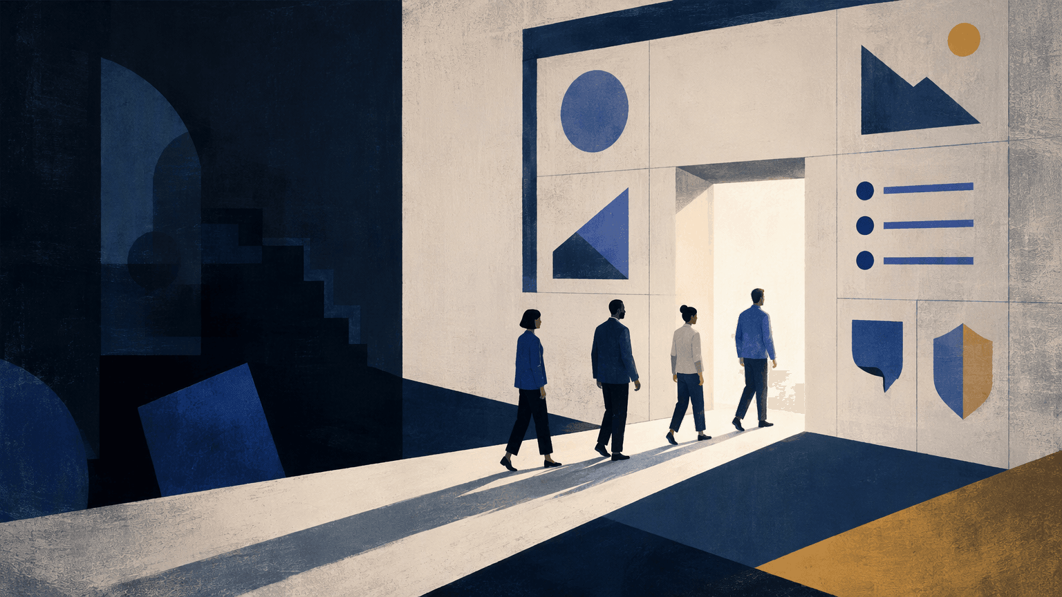 Geometric landing page scene with one illuminated conversion doorway