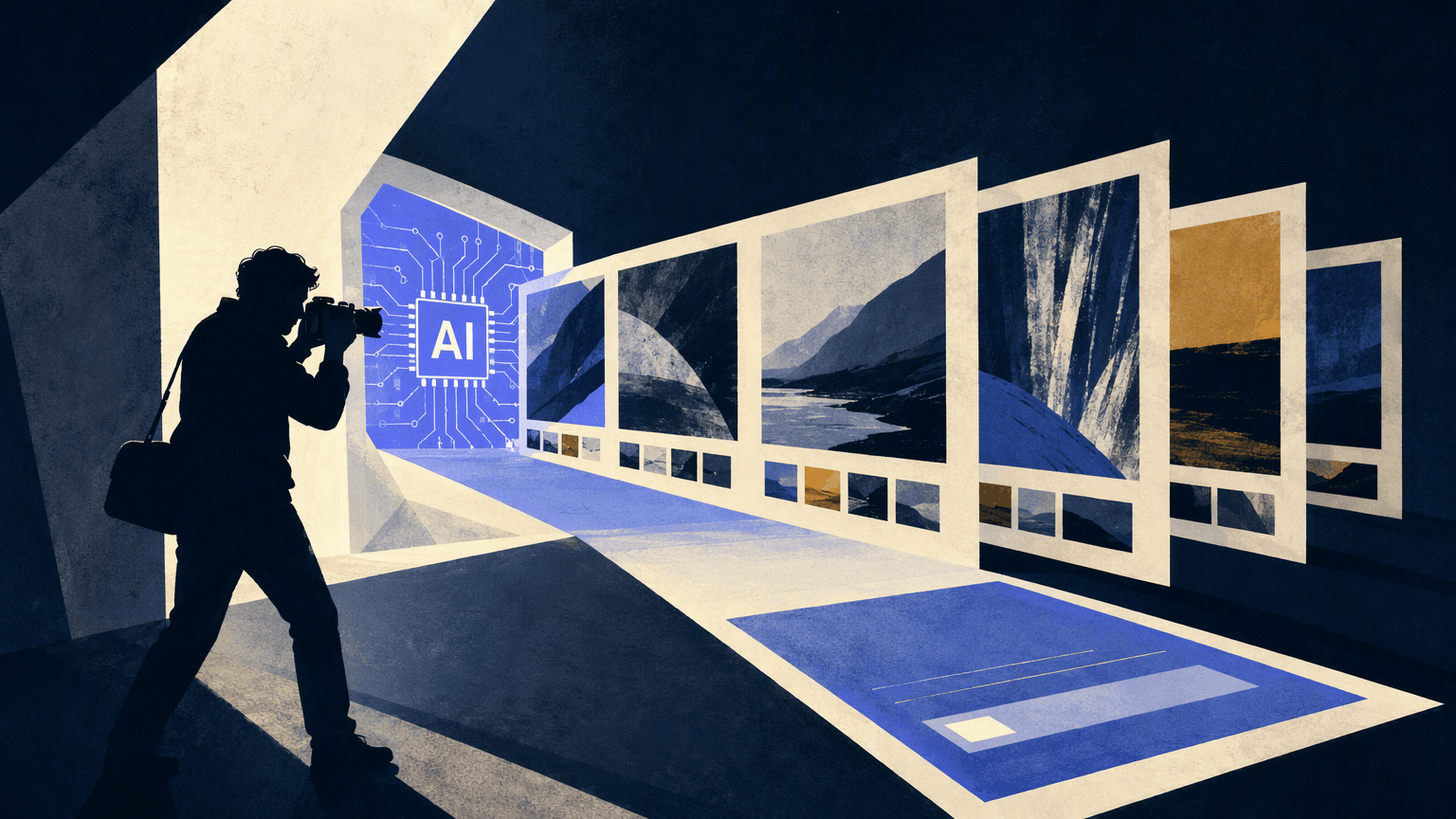 A photographer aims a camera through an AI-marked aperture that arranges photographs into a dramatic portfolio website gallery.