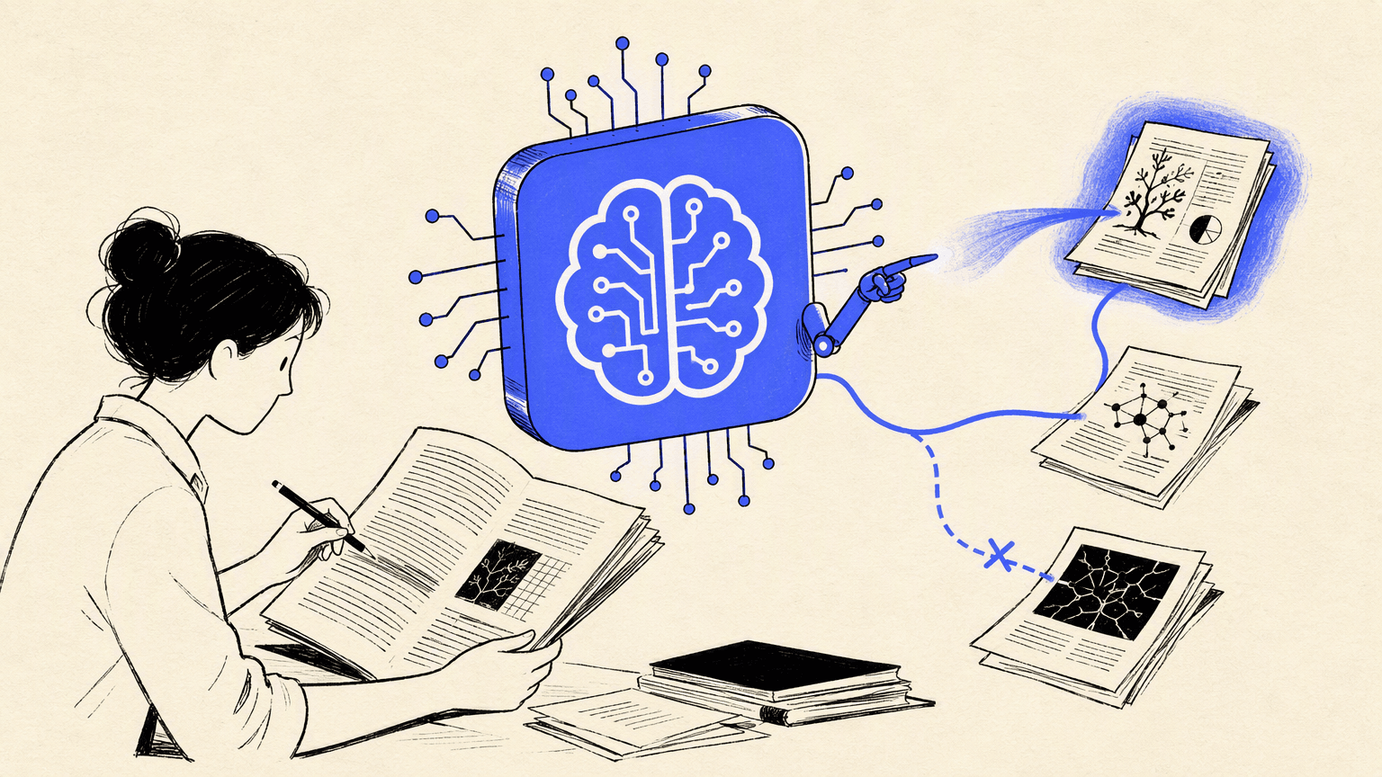A large blue AI chip assistant projects a citation trail between research papers while a human verifies the original source with a pencil.