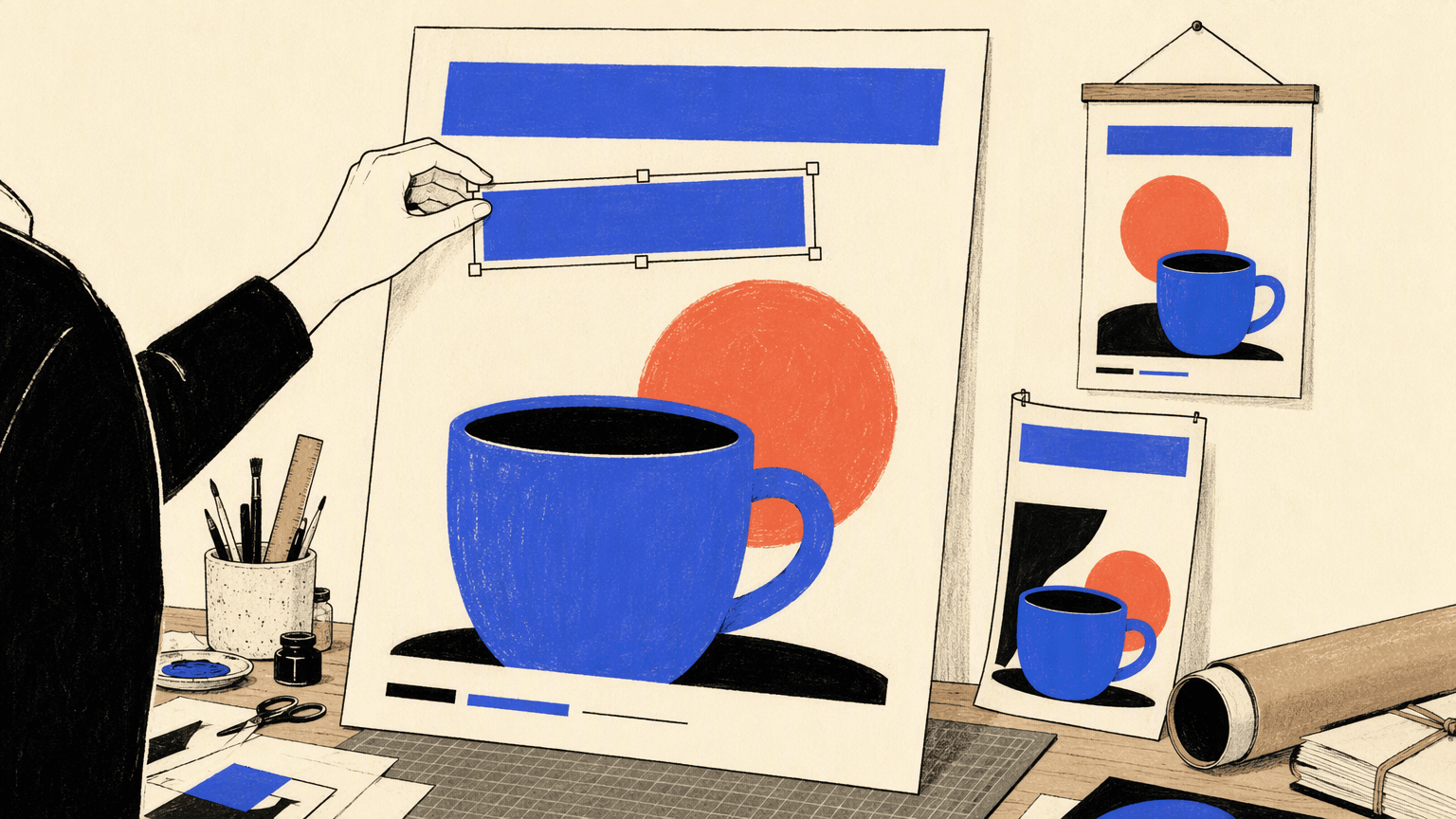 A designer moves an editable layout block on a poster featuring a blue ceramic cup.