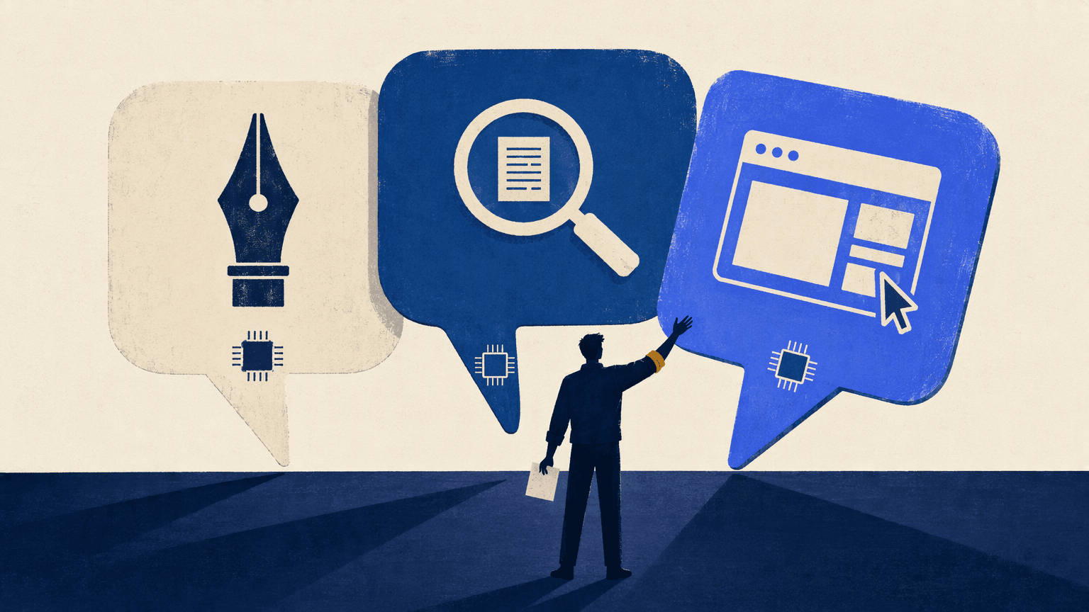 A person holding a task card chooses among three AI speech bubbles representing writing, research and building a web product, illustrated with geometric shapes and long shadows.