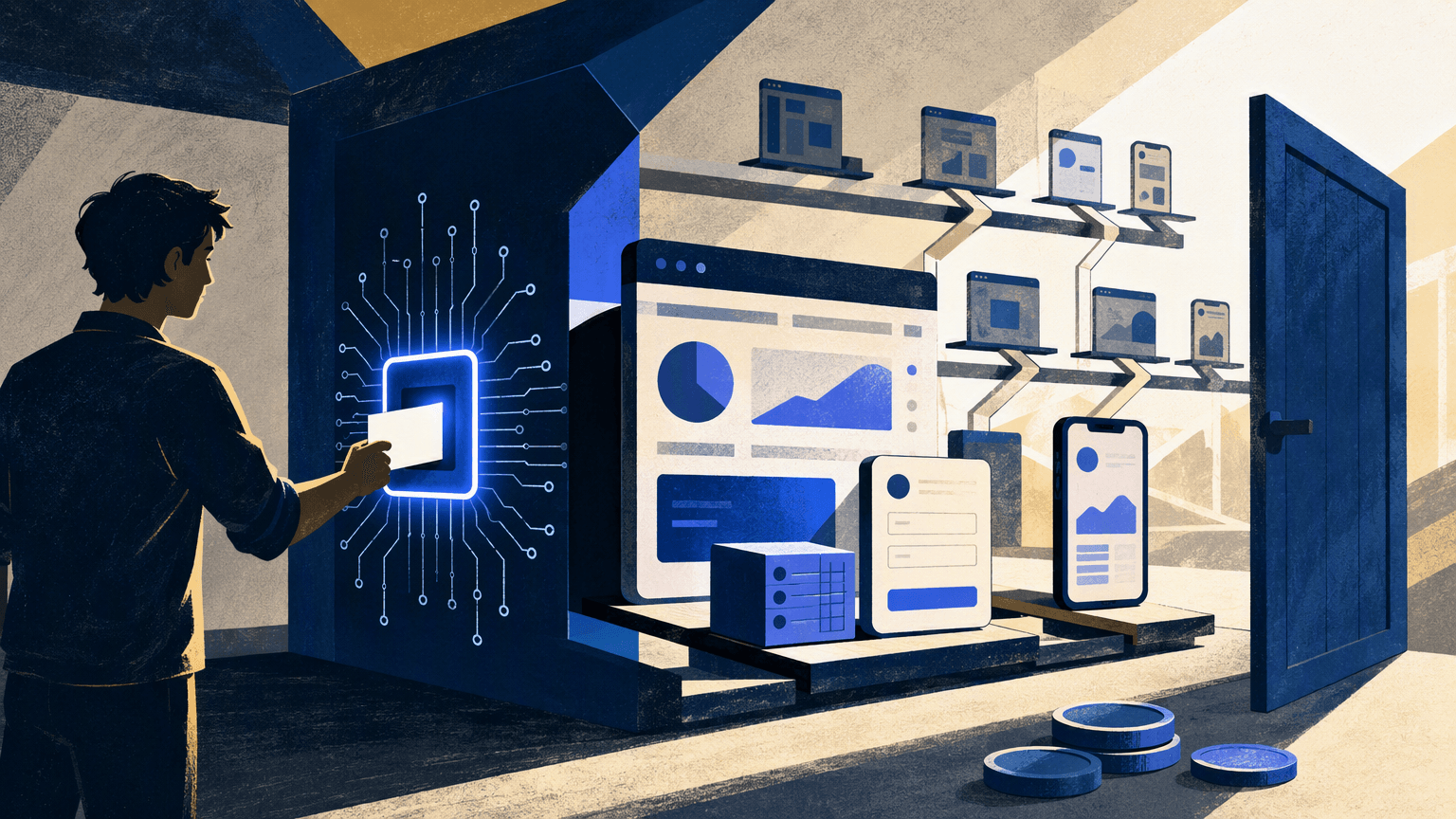 A human maker feeds a prompt card into an AI chip assembly gate and selects a finished web app emerging from several build paths.