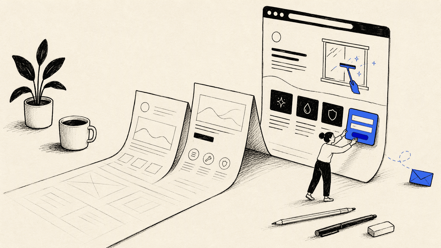 A paper website plan becomes a completed webpage with an inquiry form.