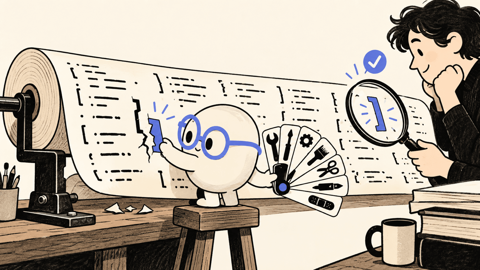 An AI coding agent repairs a small patch while a person reviews the result.