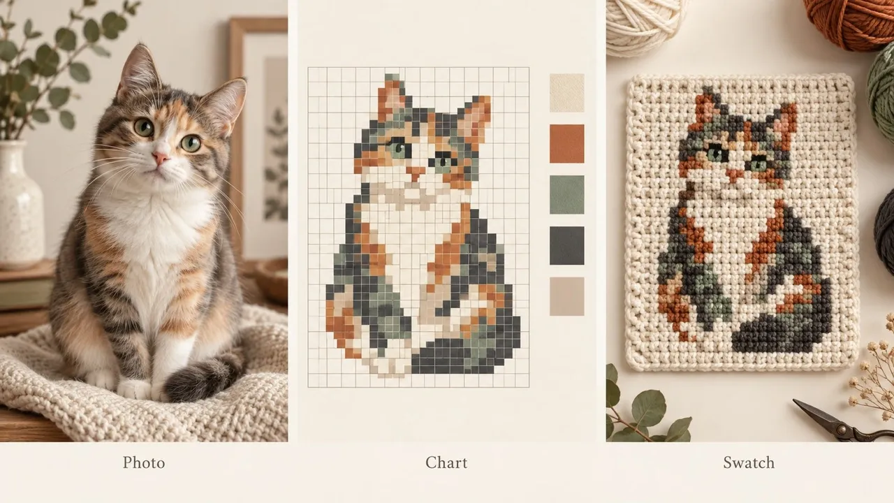 Conceptual cat portrait, color chart, and crocheted sample shown side by side.