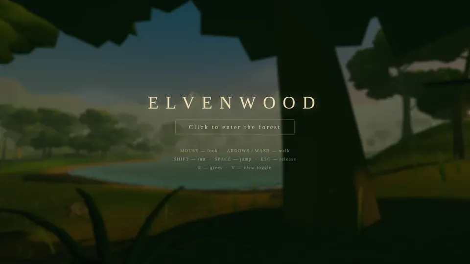 Create a fully procedural medieval elven forest in Three.js with an explorable 3D environment, atmospheric lighting, and fantasy architecture.