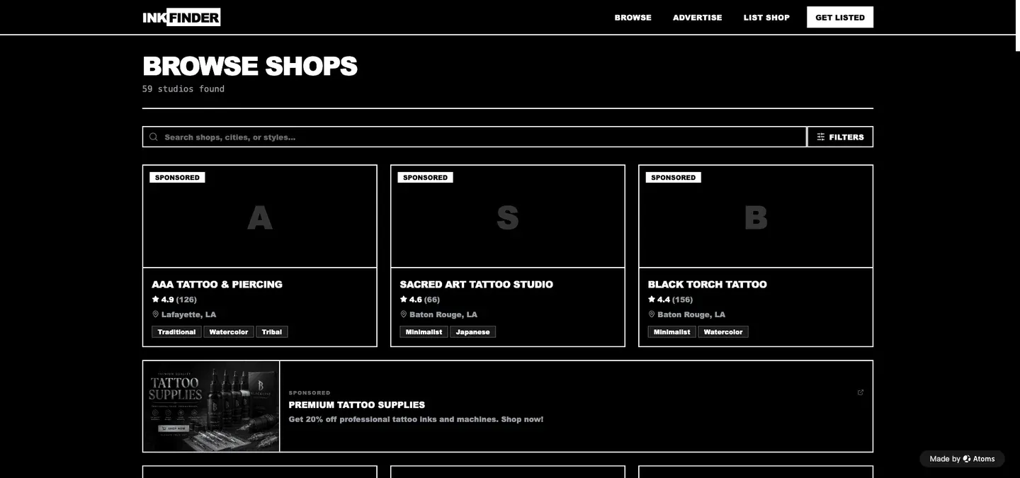 Tattoo directory listing cards and search