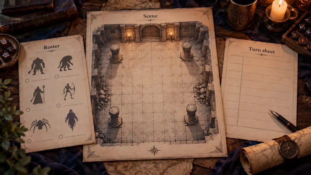 Conceptual fantasy encounter workspace with scene, roster, and turn sheet.