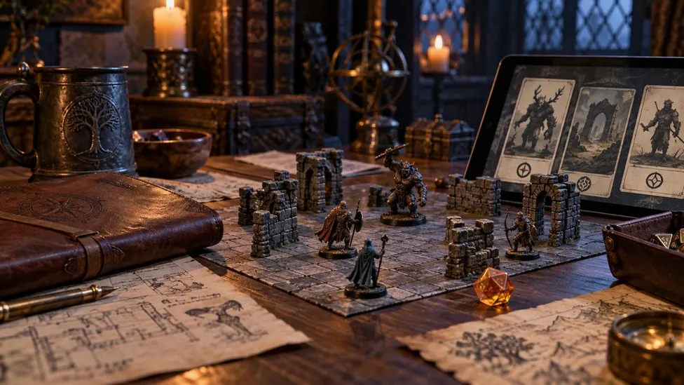 A cinematic tabletop role-playing preparation scene