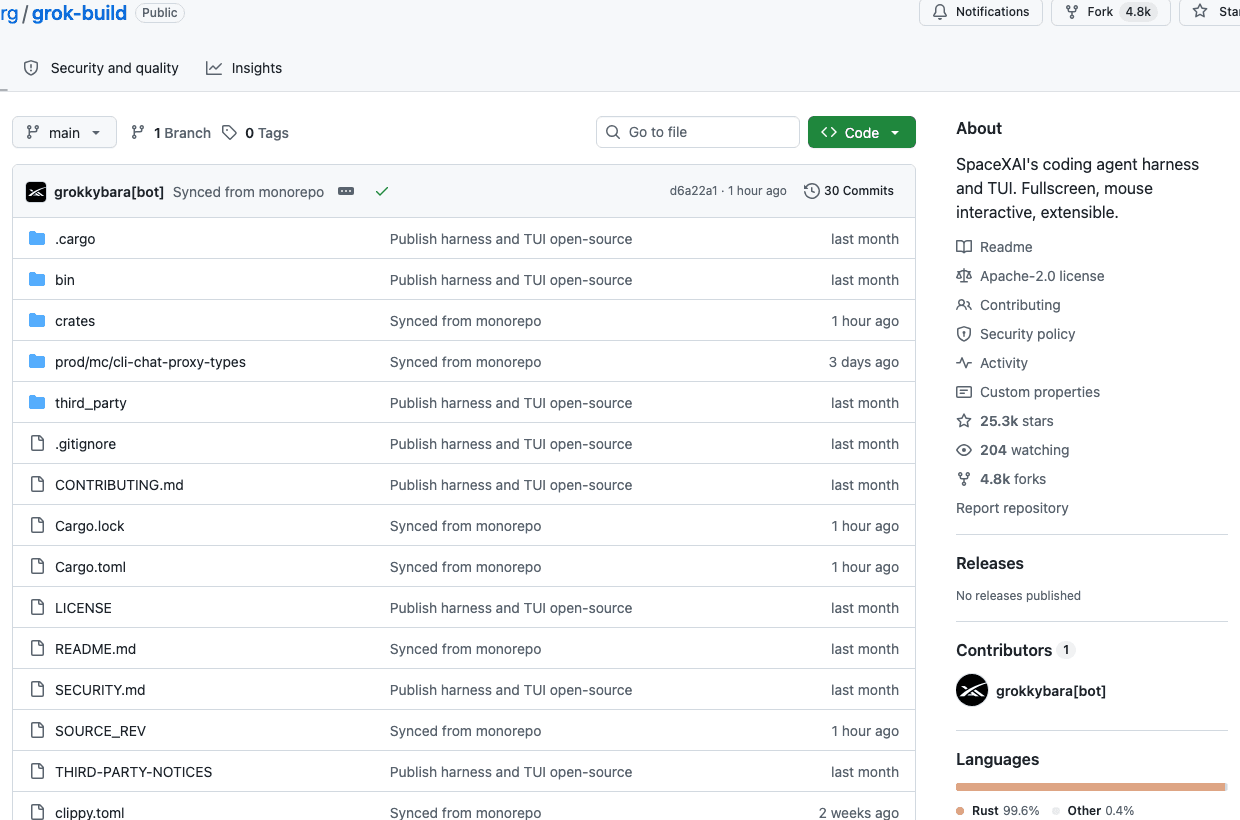 Official Grok Build repository and README describing long-running coding tasks